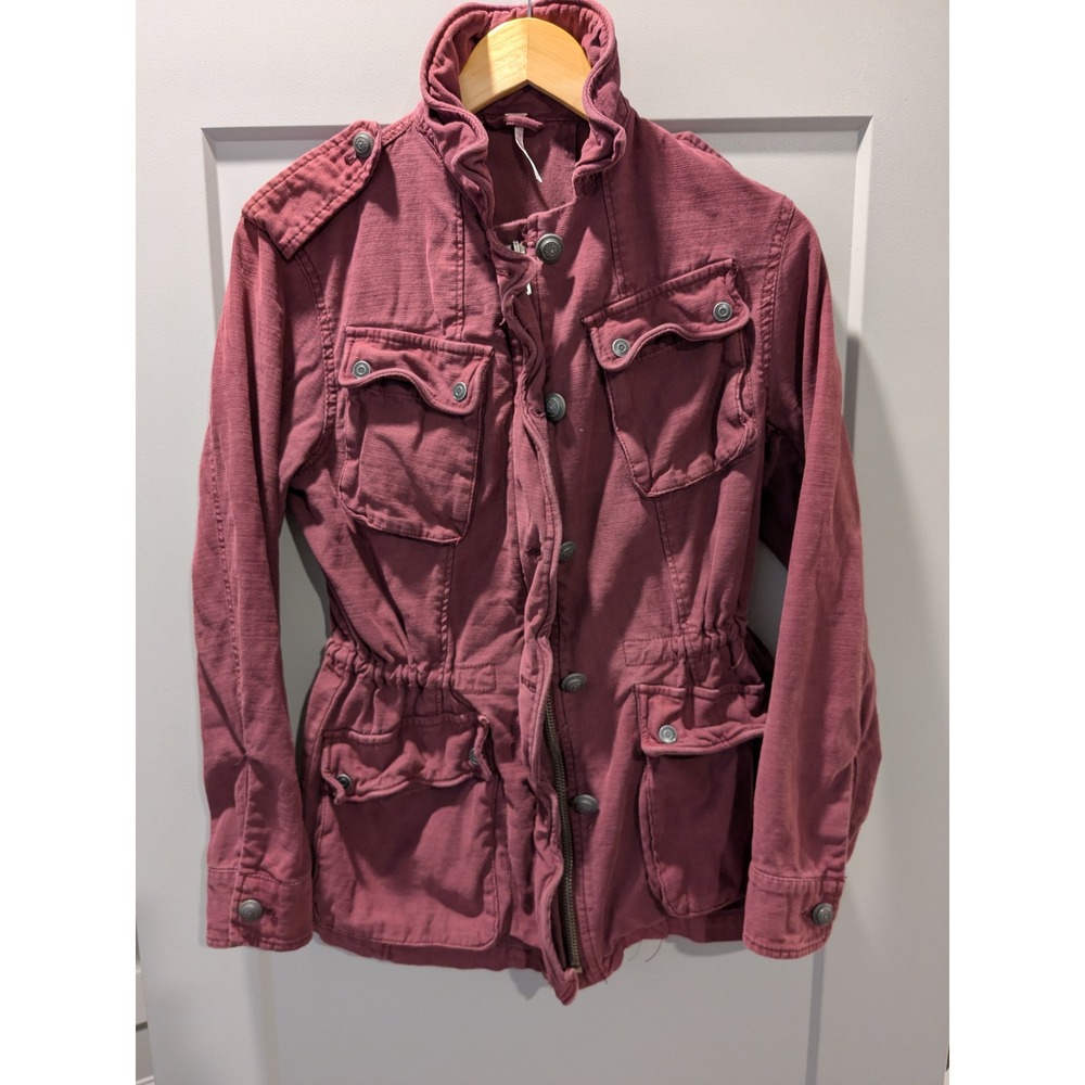Free People Military Style Jacket Burgundy Utility Cargo Pockets READ